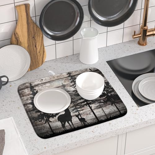 Forest Deer Dish Drying Mat Wildlife Animal Decorative Microfiber Dishes Pad 16x18 Inch Absorbent Reversible Kitchen Counter Drainer Mats (Black Forest Deer / 16" x 18")