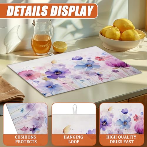 Watercolor Flowers Dish Drying Mat for Kitchen Counter Microfiber Absorbent Dish Kitchen Drying Mat Draining Reusable Washable for Dishes