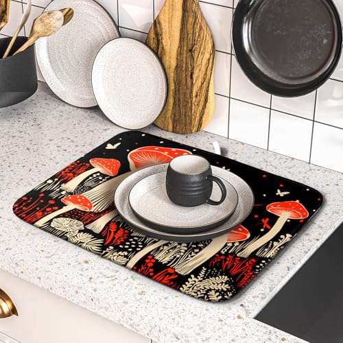 Red Mushroon Dish Drying Mat for Kitchen Counter Black Microfiber Absorbent Dish Pad Small (Red Mushroon 729 / 18" x 16")