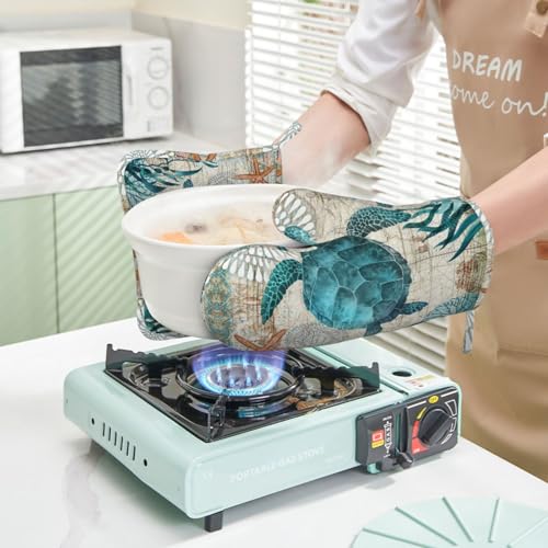 Sea Turtle Ocean Animal Landscape Oven Mitts and Pot Holders Sets Silicone Sea Turtle Kitchen Mitts Potholders Heat Resistant 4Pcs Oven Gloves Hot Pads for Kitchen Grilling (Sea Turtle)