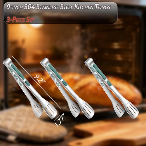 Stainless Steel Kitchen Tong Set (9inch / 3Pcs Green)