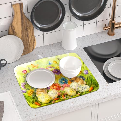 Easter Dish Drying Mat for Kitchen Counter Spring Bunny Microfiber Countertop Mat Small (Spring Bunny Green / 18" x 16")