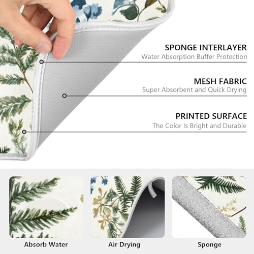 Vintage Herbs Fern Leaves Floral Plant02 Dish Drying Mat for Kitchen Counter Absorbent Microfiber Large Drying Pad Dish Mats for Kitchen Countertops 18 x 24 Inch (24" x 18")