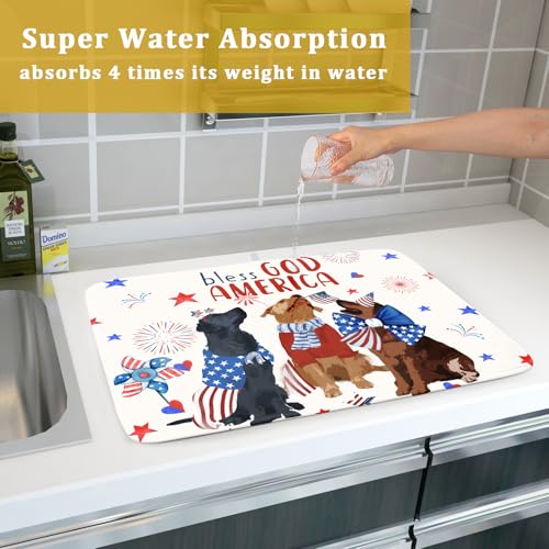 4th of July Patriotic Dogs Dish Drying Mat American Independence Day Dish Dry Pad 18"x24" Absorbent Dishes Drainer Mat for Kitchen Counter (Patriotic Dogs / 18" x 24")