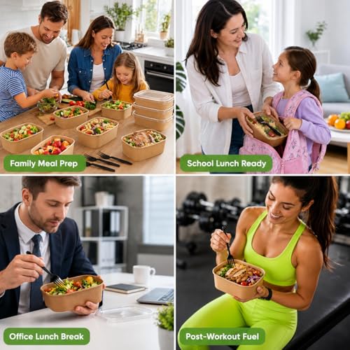 50 Pack 29oz Disposable Kraft Paper Bowls【with Lids and Forks】 (50 Count)