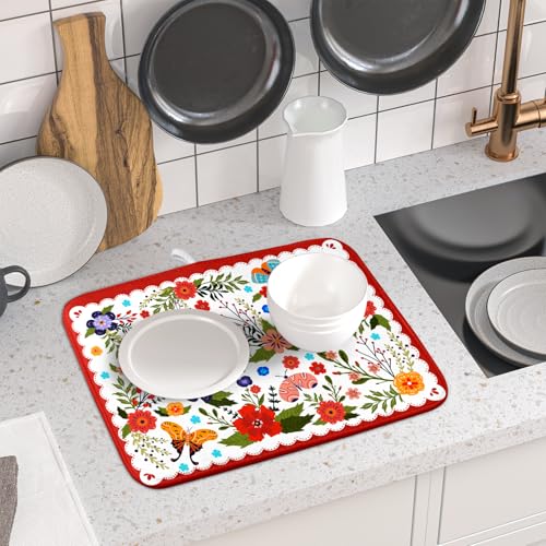 Flowers Printed Dish Drying Mat Floral Coffee Mat for Kitchen Counter Small (Light Flowers Red / 18" x 16")