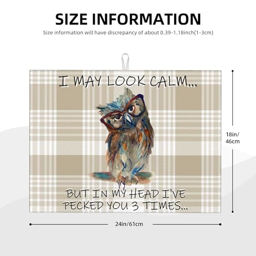 Kitchen Drying Mat Funny Owl Dish Drainer Mat for Kitchen Counter Microfiber Absorbent Reusable Washable 18x24 Inch Home Holiday Decor Cute Buffalo Plaid Drying Pad (Funny Owl / 18 x 24 inch)