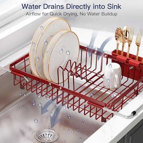 Red Dish Drying Rack Over the Sink with Utensil Holder (Red / For 12.5"-30"w Sink, Expandable)