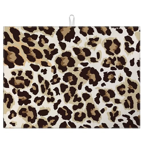 Brown Leopard Dish Drying Mat for Kitchen Counter Microfiber Absorbent Dish Kitchen Drying Mat Draining Reusable Washable for Dishes