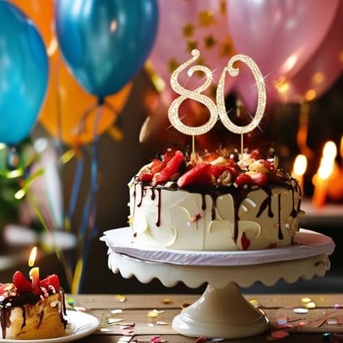 Cake Topper 80th Birthday Decorations for Women Gold Rhinestone Cake Toppers (80)