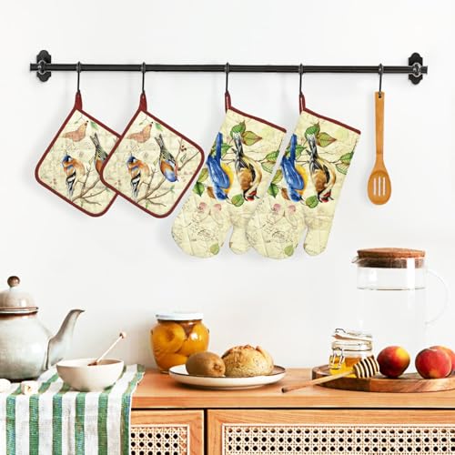 Vintage Bird Oven Mitts and Pot Holders Set (Retro Bird / Oven Mitt x2 & Pot Holder x2)