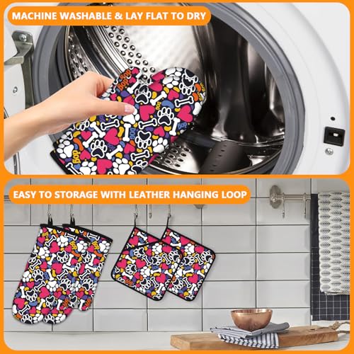 Paw Prints Oven Mitts and Bones Hearts Pot Holders Sets 4Pcs (Paw Prints)