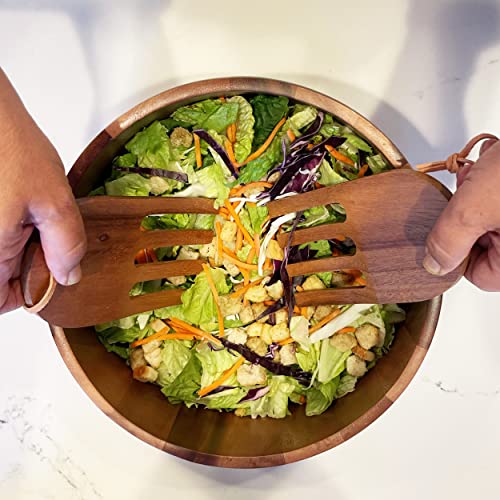 Woodard & Charles Acacia Wood 10" 3 Pc Salad Bowl w (10" x 4" Bowl w/ Salad Hands-*Pack of 4*)