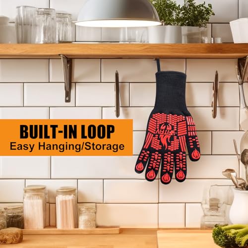 BBQ Gloves 1472°F Heat Resistant with Silicone Grip Oven Mitts (Red / Long (Glove L 13.78" × Palm W 6.33"))