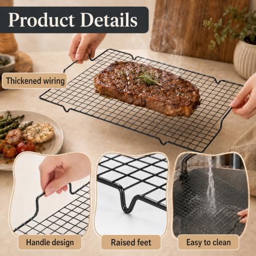 4 Pack Heavy Duty Wire Cooking Rack Baking Racks with Handle 14.1" x 10.7" (Black)