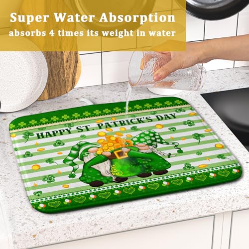 Shamrock Gnome Dish Drying Mat Coin Clover Dishes Fast Dry Mat 16x18 inch Absorbent Microfiber Dishware Drainer Pad for Kitchen Counter Sink (Shamrock Gnome Coin / 16" x 18")