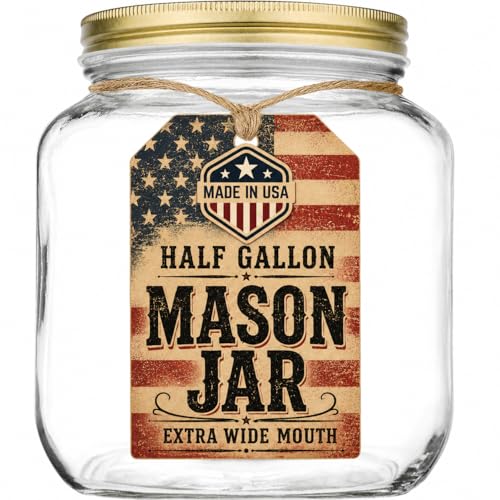 Half Gallon Mason Jar Wide Mouth with Airtight Metal Lid (Gold Lid)