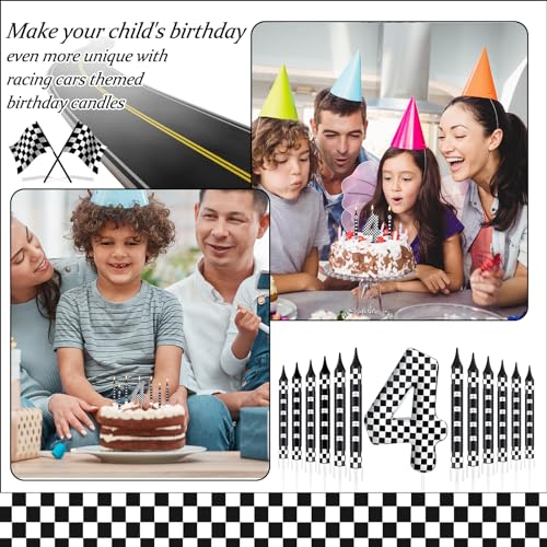 13 Pcs Racing Cars Themed Birthday Candles Black and White Race Number 4 Checkered Candle Cake Topper for Racing Car Party Decoration Supplies (13 Count)