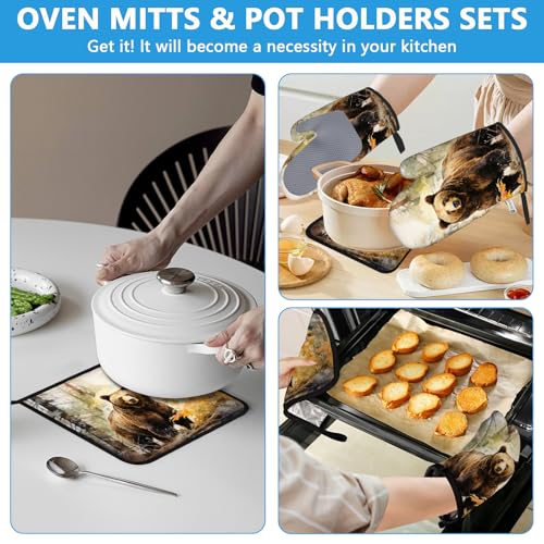 Watercolor Brown Bear Oven Mitts and Pot Holders Sets Heat Resistant 4Pcs Autumn Forest Animal Potholders Oven Gloves Hot Pads for Kitchen Baking Cooking Grilling BBQ (Watercolor Brown Bear Autumn Forest)