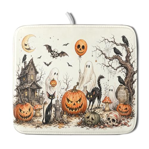 Halloween Pumpkin Ghost Dish Drying Mat Black Cat Microfiber Dishes Pad 16x18 Inch Holiday Dish Drainer Rack Mats for Kitchen Counter Sink (Pumpkin Ghost / 16x18 inch)