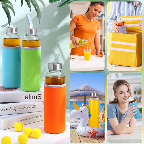12 Pack Glass Water Bottles with Sleeves (Stylish / Colorful)