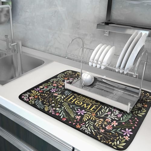 Vintage Microfiber Dish Drying Mat Wildflowers Leaves Absorbent Dry Mat for Kitchen Counter Decor (Vintage Leaves Black / 24" x 18")