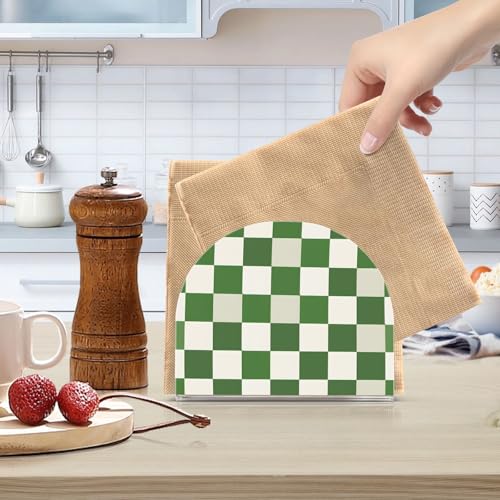 Green White Checkered Pattern Napkin Holder for Table Paper Napkins Holder Acrylic Tissue Dispenser Kitchen Dining Room Bathroom Party Car Decor (NH074 / 4.1x4.9x1.97in)