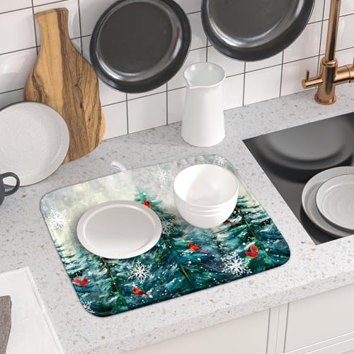 Pine Tree Dish Drying Mat for Kitchen Countertop Red Bird Dishes Mats Winter Decorative Absorbent Reversible Drainer Rack Pad 16x18 Inch (Pine Red Bird / 16" x 18")