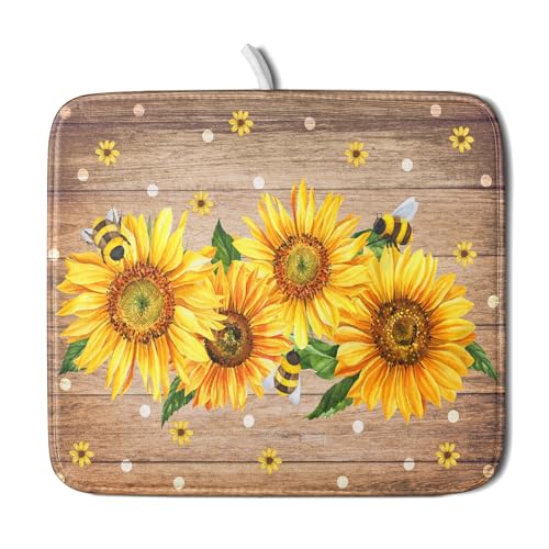 Sunflower Bee Dish Drying Mat for Kitchen Counter Home 16x18 Inch Wood Barn Microfiber Drainer Rack Mats Washable Absorbent Dish Dry Pad (Sunflower Bee Wood / 16" x 18")