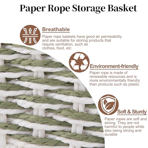 Toilet Paper Baskets Handmade Paper Rope Decorative Wicker Storage Tank Shelf Cabinet Organizer for Bathroom Home (Green & White)