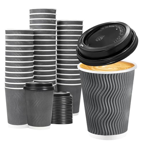 50 Pack 10 oz Insulated Disposable Coffee Cups With Lids (Gray / 10 oz-50Pack)