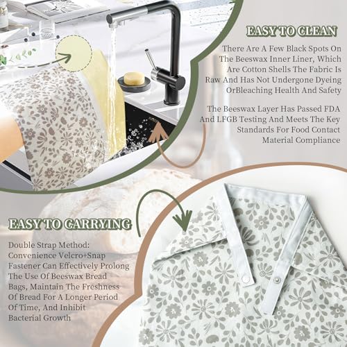 Bread Bags Reusable Beeswax Bread Bags for Sourdough (Green Floral, Beige Floral)