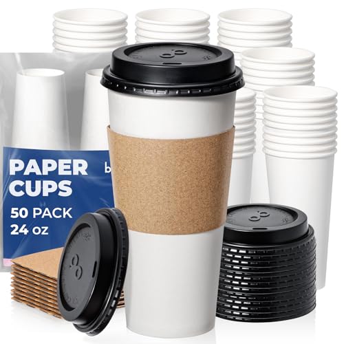 24 oz 50 Pack To Go Coffee Cups with Lids and Sleeves (24 oz)