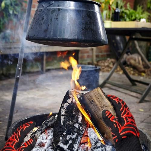 Grill Gloves Heat Proof for Men Grilling BBQ Heat Resistant Gloves (Black & Red / Long Cuff - Medium Palm)