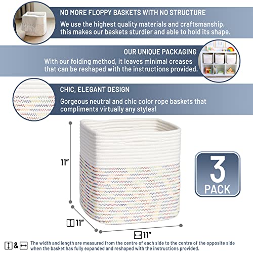 Storage Cubes 11 Inch Cotton Rope Woven Baskets for Organizing (Off White & Rainbow Stitching)