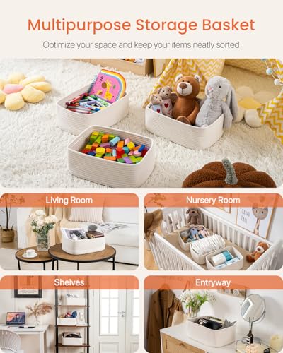 Small Woven Storage Basket for Organizing (Off White / 13.5"L x 9.5"W x 5"H)