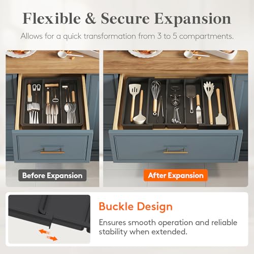 Utensil Organizer for Kitchen Drawers (Black / Medium Deep (11.5-20''W x 14.5"D))