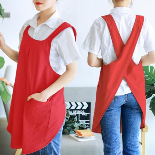 Women's Japanese Pinafore Cross Back Apron (12 - Women's Bright Red)