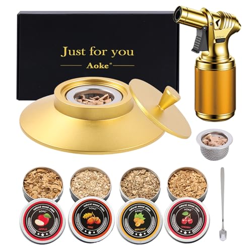 Gold Cocktail Smoker Kit with Torch Metal Old Fashioned Drink Bourbon Whiskey Smoker Kits (Gold with Torch)