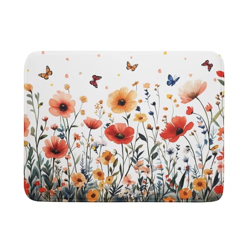Poppy Flower Dish Drying Mat 18x24 Inch Floral Leaves Dish Drainer Protector Pad Washable Reversible Drying Pad for Kitchen Counter Sink (Poppy Flower / 18 x 24 inch)