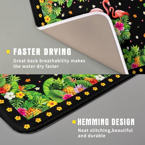Tropical Flamingo Dish Drying Mat Palm Leaves Absorbent Dishes Drainer Pad Microfiber Dish Rack Mat for Kitchen Countertop Decor 16x18 Inch (Flamingo Leaves / 16" x 18")