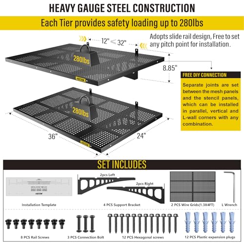 2 Pack 2x3ft Adjustable Garage Wall Shelving 560lbs Load Capacity Heavy Duty Wall Mounted Storage Shelf Metal Floating Shelves for Garage (2pack-2x3ft / Black)