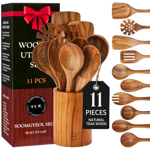 11 Piece Teak Wood Cooking Utensil Set with Holder (11 PCS Set)