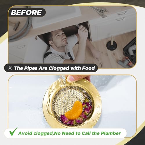 3 Pcs Kitchen Sink Drain Strainer and Stopper Stainless Steel Garbage Disposal Plug with Handle Universal Anti (Brushed Gold)