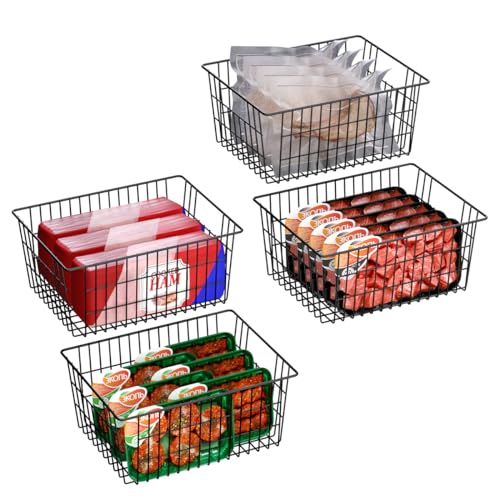 Large Freezer Baskets Metal Storage Organizer Bin Basket Wire Storage Basket for Kitchen Pantry Bathroom Large Metal Farmhouse Food Fruit Produce Organizer Bins (3-P / Black)
