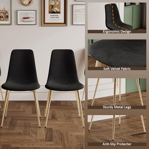 36" Square Glass Dining Table Set for 4 (Gold Square Table/Black Velvet Chairs / 5 Pieces)
