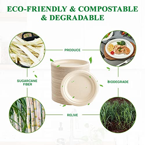 350 Pack Compostable Bagasse Paper Plates 6.9 inch (Nature / 7 IN Round Plates)