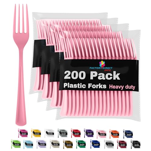 Pink Plastic Forks 200 Pieces Pink Forks Disposable Utensils Heavy Duty Plastic Cutlery Set Disposable Cutlery Sets Flatware Sets Silverware Set Party Supplies & Party Tableware (Pink / Forks)