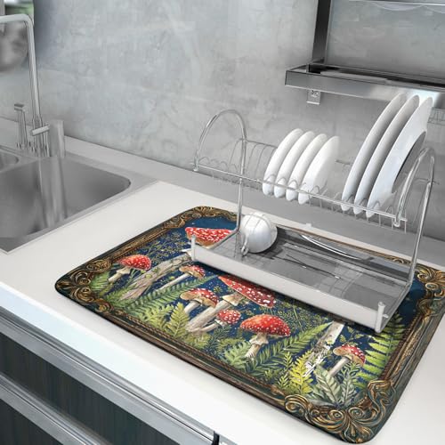 Mushroom Dish Drying Mat Absorbent Dish Drainer for Coffee Bar Kitchen Counter (Funny Mushroom 829 / 24" x 18")