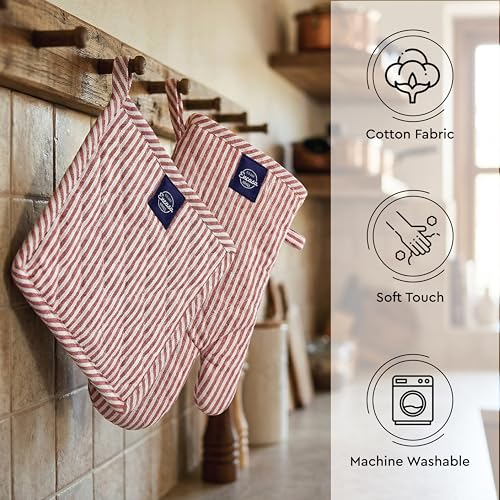Oven Mitts and Pot Holders Set (Oven Glove + Pot Holder / Ticking Red)